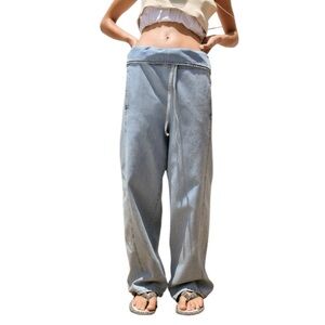 Zara Hi-Rise Pull On Wide Leg Paper bag Jeans Women's Size 12 Light Wash denim